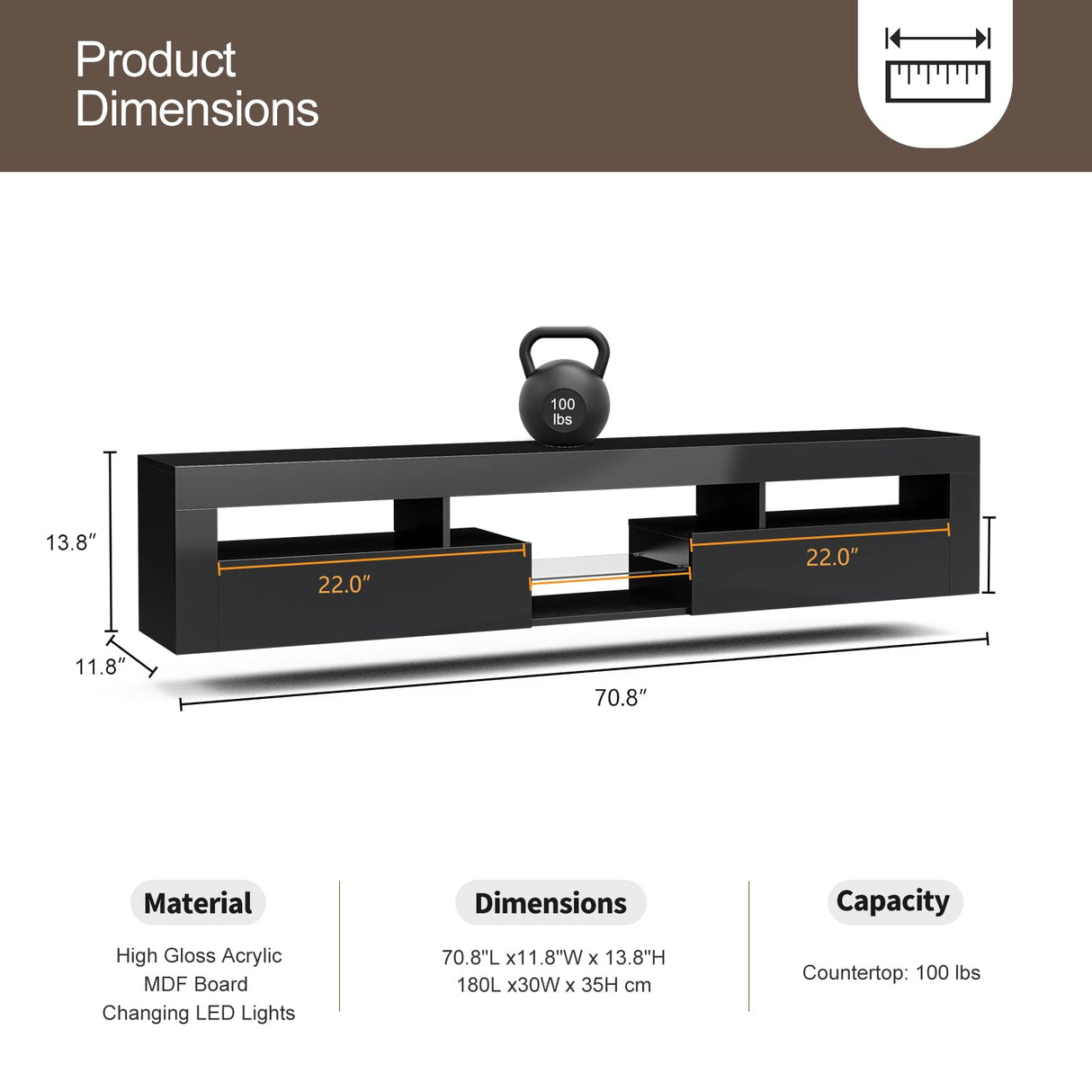 AOVSA LED Floating TV Stand for 85 Inch TV, Black High Glossy Wall Mounted Haning TV Stand with Cabinets, Entertainment Center Console Shelf for Living Room AOVSA