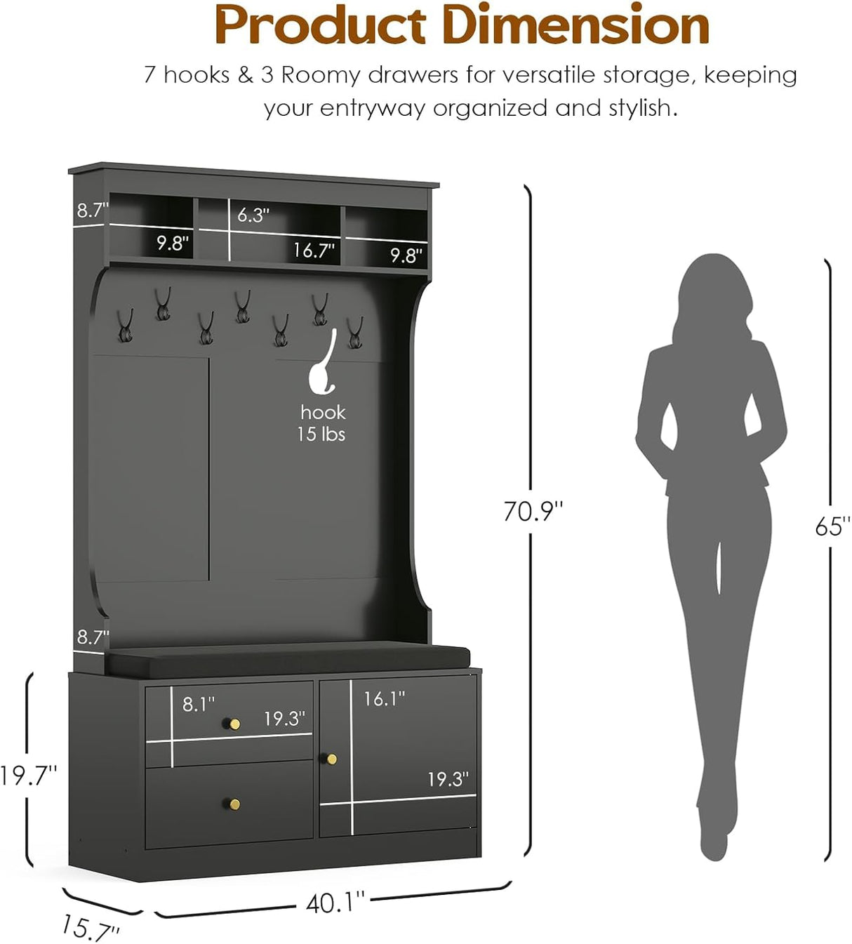 ComeWay Hall Tree with Storage 70.9 Inch Height, Coat Rack with 7 Hooks & Shoe Cabinet with Doors, 6-in-1 Farmhouse Hall Tree Anti-toppling, Shoes Rack for Entryway Hallway, Modern Black ComeWay
