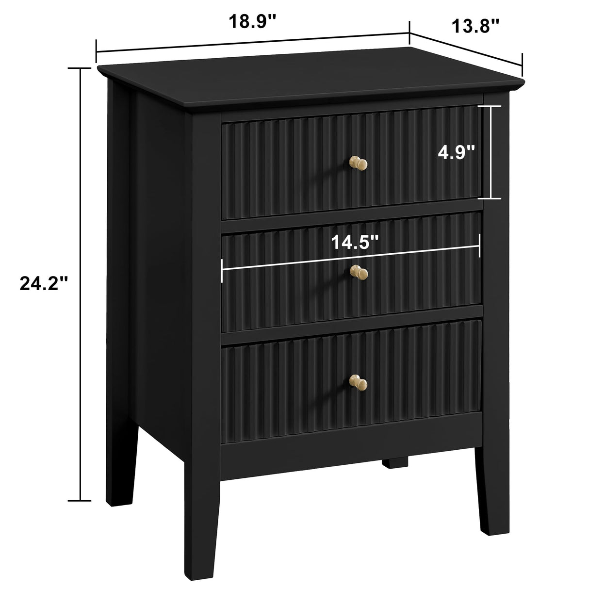 OCANDO Fluted Black Nightstand 19", 3 Drawers Night Stand, Bed Side End Table for Small Living Room, Modern Bedroom Storage Cabinet OCANDO