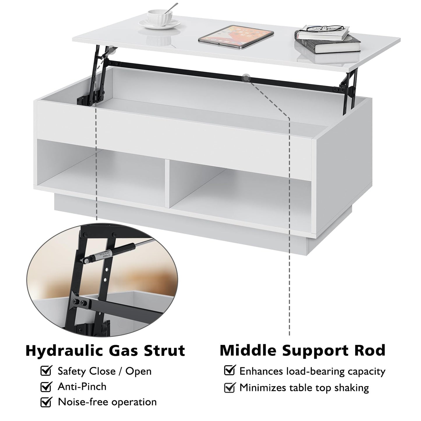 HOMMPA Lift Top Coffee Table with Hidden Storage LED Coffee Table Morden High Gloss White Living Room 3 Tiers Modern Tea Table with Storage Center Tables Hidden Compartment & 2 Open Shelves