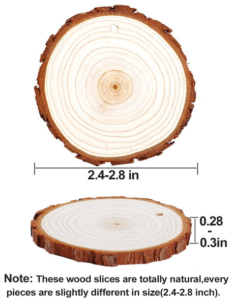 wohohoho 24pcs 2.4-2.8 inches Natural Wood Slices, Unfinished Craft Wood Kit Predrilled with Hole Thickened Wooden Circles with Bark for DIY Ornaments Christmas Wedding Decorations Wood Coasters Tags wohohoho