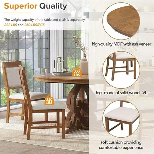 Merax Round Dining Table Set for 4, 5-Piece Extendable Kitchen Table Set with 4 Upholstered Chairs, Farmhouse Dining Table and Chairs Set for Kitchen, Dining Room, Living Room, Walnut Merax