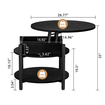 Ablefurn Black Coffee Table, 26.77” Lift Top Coffee Table with Hidden Compartment and Open Storage Shelf, 2 Tier Small Round Coffee Table Circle Central Table w/Adjustable Foot Pad for Living Room