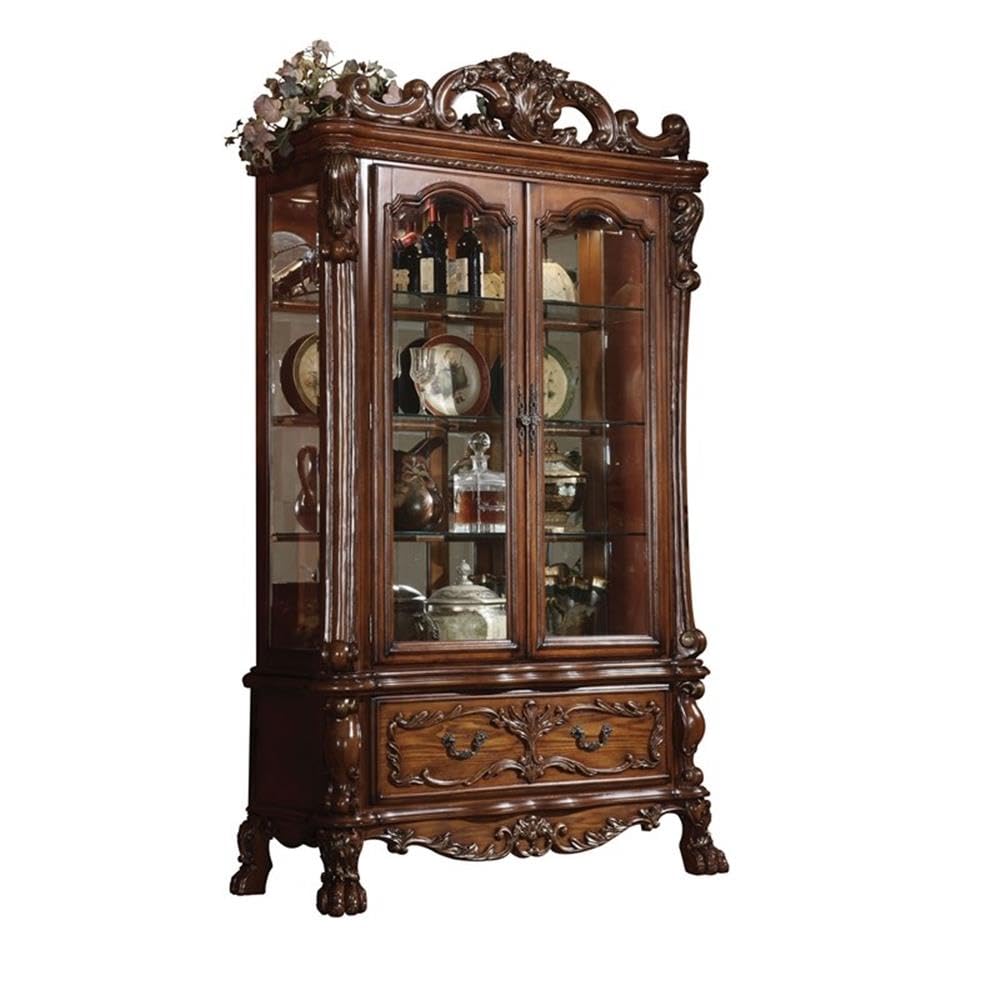 Acme Dresden 2-Door Curio Cabinet with Claw Leg in Cherry Oak Wood Acme