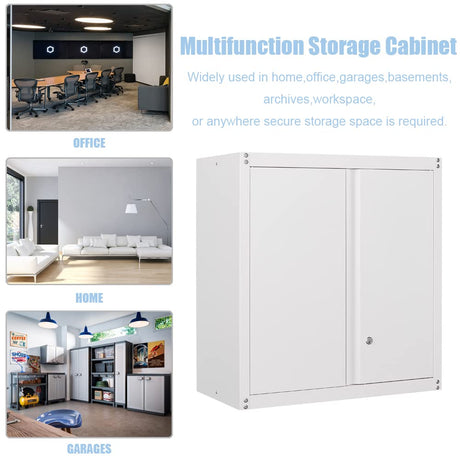 GREATMEET Metal Wall Cabinet, Wall Mount Metal Cabinet for Garage Storage, Locking Cabinet with Doors and Adjustable Shelf, Steel White Cabinet for Utility Room, Garage GREATMEET