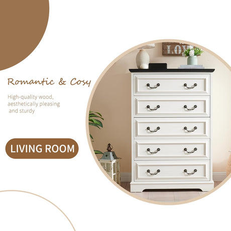 systemktesm Farmhouse 5 Drawers Dresser for Bedroom, 46" Tall Modern Chest of Drawers with Metal Handle, Rustic Dresser TV Stand, Wood Drawer Organizer for Bedroom, Living Room, Hallway (White) systemktesm