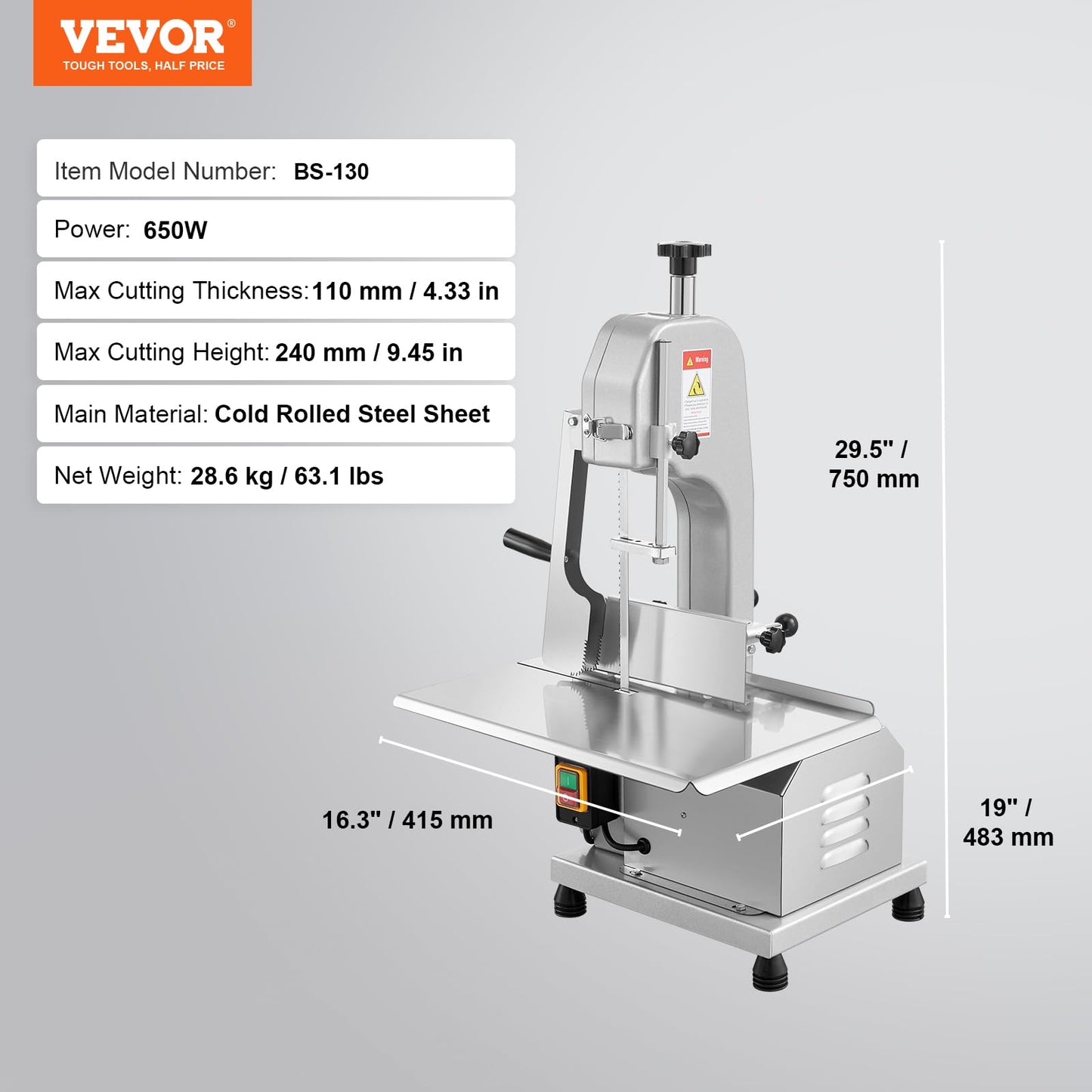 VEVOR Commercial Electric Meat Bandsaw, 650W Stainless Steel Countertop Bone Sawing Machine, Workbeach 12.4" x 18.1", 4.33 Inch Max Cutting Thickness, Frozen Meat Cutter for Rib Pork Beef - WoodArtSupply