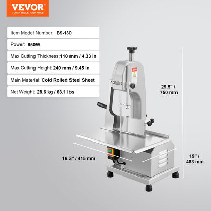 VEVOR Commercial Electric Meat Bandsaw, 650W Stainless Steel Countertop Bone Sawing Machine, Workbeach 12.4" x 18.1", 4.33 Inch Max Cutting Thickness, Frozen Meat Cutter for Rib Pork Beef - WoodArtSupply