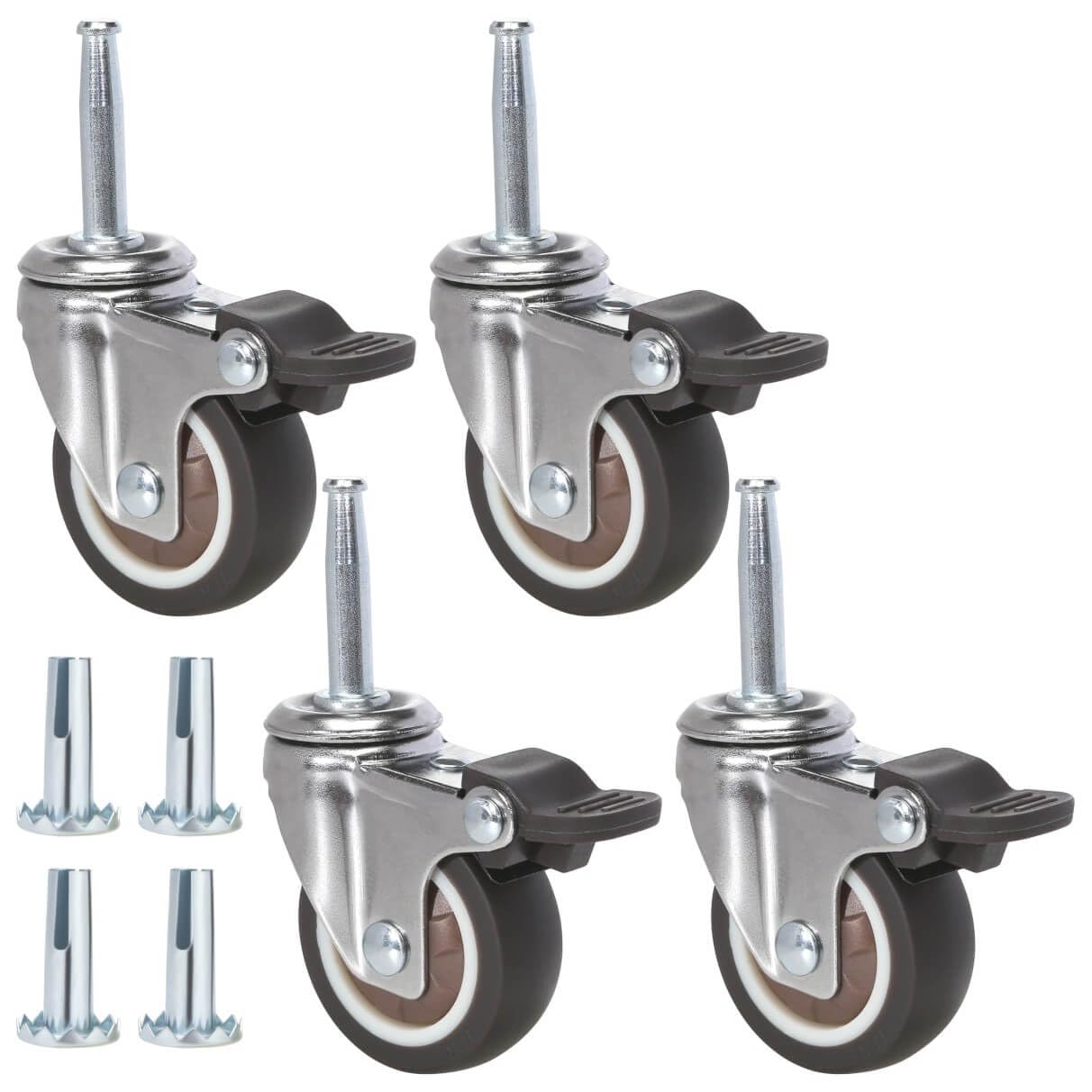 JGJC 2 inch Stem Rubber Caster Wheels, Swivel Casters Set of 4 with Brake, Ball Bearings Castor Wheels for Furniture with Sockets, 5/16" x 1-1/2" Grip Neck Stem Locking Casters for Furniture Legs JGJC