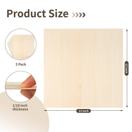 Balsa Wood Sheet, 5 Pack Plywood Sheets, Basswood Sheets 12 X 12 X 1/16 Inch, Unfinished Craft Wood, Thin Wood Boards for Laser Cutting, Engraving, Wood Burning, Crafts MOWPOG