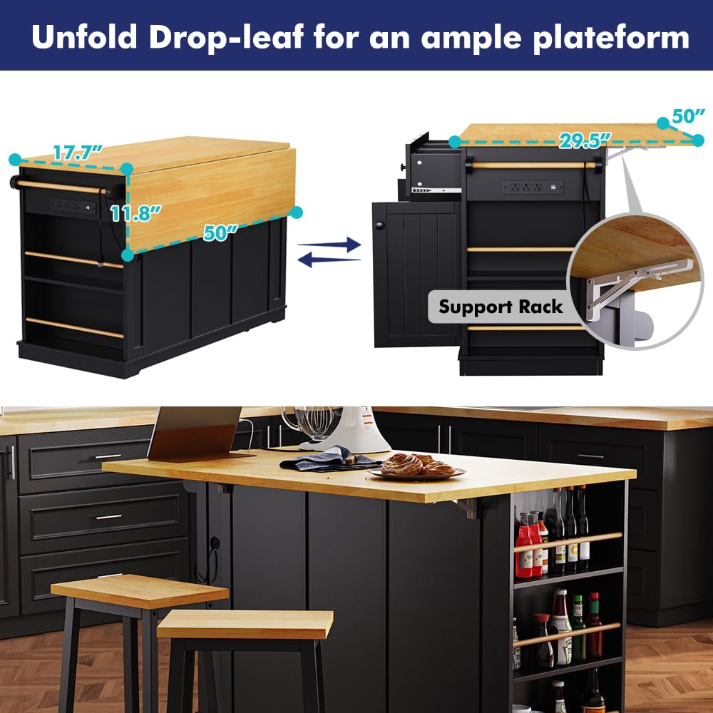 Kennkari Rolling Kitchen Island on Wheels with Drop Leaf and Seating, Wide Moblie Kitchen Island with Storage Cabinets and Power Outlet, Large Island Table with 2 Bar Stools (Type V. Black) Kennkari