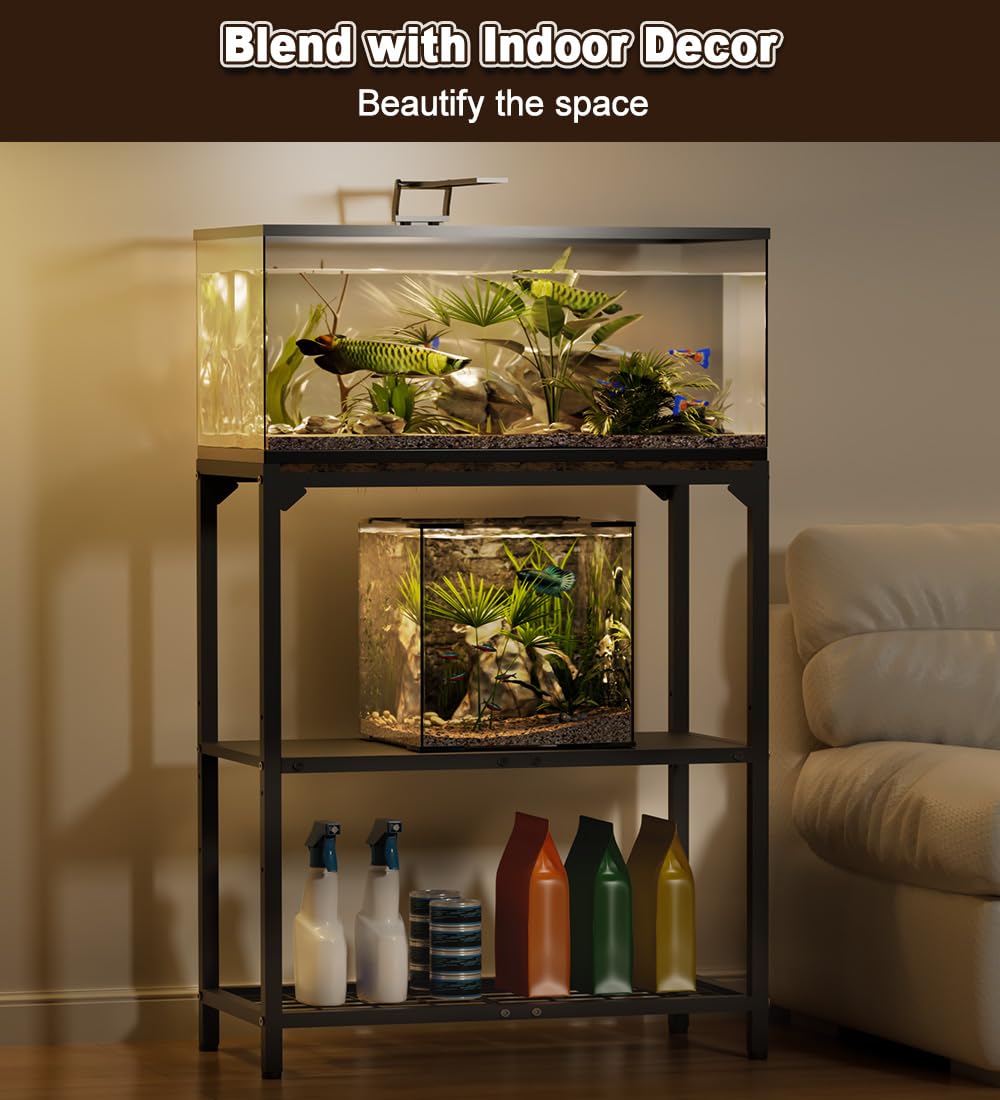 AnBaiMei 20-30 Gallon Aquarium Stand, Metal Fish Tank Stand with Adjustable 3-Tier Storage Shelf, Heavy Duty Reptile Breeder Turtle Tank Terrarium Rack Table for Home Office, 30" L x 12" W x 32.2" H, Black AnBaiMei