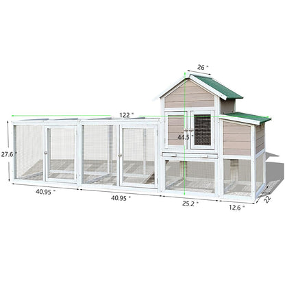 122in Chicken Coop Large Outdoor Solid Wood Rabbit Hutch Poultry House with Run, Nesting Box & Leakproof Pull-on Tray, Weatherproof Chicken Run Cage Hen House for Small Animals Rabbit Duck