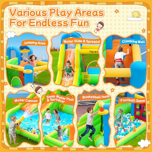 FBSPORT Inflatable Bounce House, 9 in 1 Water Slide with Blower, Bouncy House for Kids Indoor Outdoor Wet Dry Combo Water Bounce House with Football Shooting, Water Gun, Splash Pool, Bounce Area, Hose FBSPORT