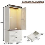 Farmhouse 2 Doors Armoire Wardrobe Closet w/Folding Sliding Barn Door and Lights, LED Armoire Closet w/Drawers for Bedroom, Freestanding Wooden Wardrobe Storage Closets w/Hanging Rod,Antique White jiteentarou