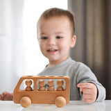 4 Wooden Figures in The Bus - Peg Dolls Unfinished Wooden Peg People Cars Wooden Figures Shape Preschool Learning Educational Toys Montessori Toys for Toddlers WOODEN TEETHER