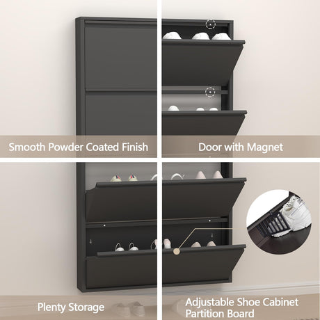 GREATMEET Black Shoe Cabinet Storage for Entryway, Narrow Shoe Cabinet for Entryway Slim, Wall Mounted Metal Hidden Shoe Organizer with 4 Flip Drawers GREATMEET