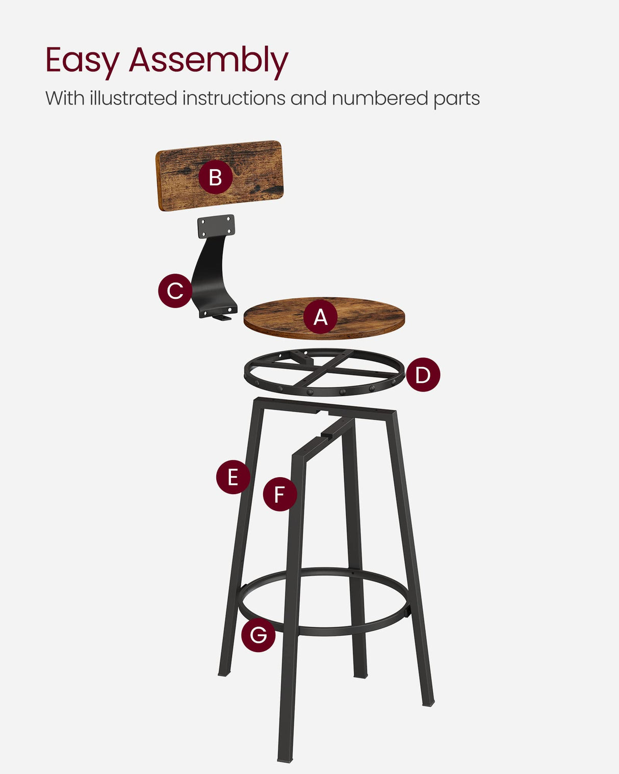 VASAGLE Bar Stools Set of 2, Bar Height Barstools with Back, Counter Stools Bar Chairs with Backrest, Steel Frame, Easy Assembly, Industrial, Rustic Brown and Black ULBC026B01V1 VASAGLE