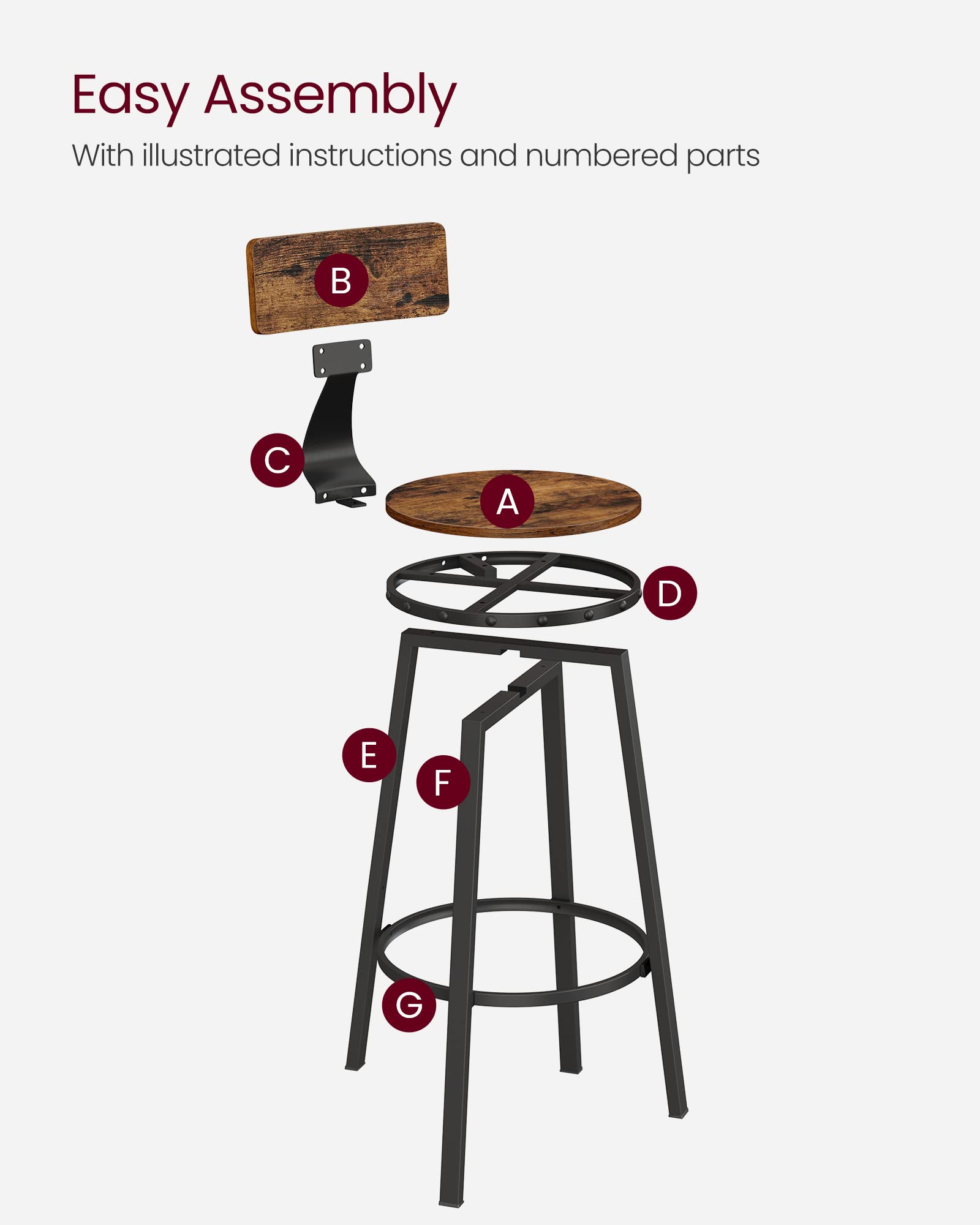 VASAGLE Bar Stools Set of 2, Bar Height Barstools with Back, Counter Stools Bar Chairs with Backrest, Steel Frame, Easy Assembly, Industrial, Rustic Brown and Black ULBC026B01V1 - WoodArtSupply