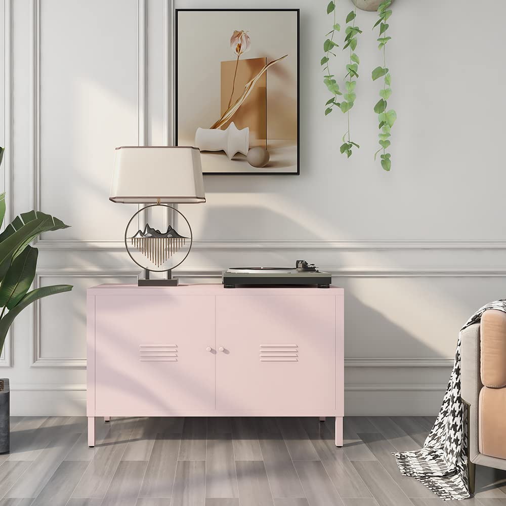 LINGZOE 2 Door Steel Storage Cabinet Pink TV Stand for Living Room,Metal Locker Storage Cabinet for Bedroom Balcony LINGZOE