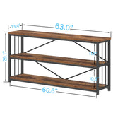 IBF Low Rustic 3 Tier Bookshelf, Industrial Horizontal Wood Bookcase, Farmhouse Long Wide Open Metal Etagere, Modern Large Vintage Book Shelf for Home Office Bedroom Living Room, Rustic Brown, 63 Inch IBF