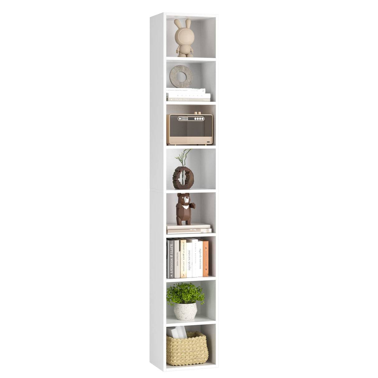 FOTOSOK 8-Tier Media Tower Rack, 11.6 X 9.3 X 70.9 Inches CD DVD Slim Storage Cabinet with Adjustable Shelves, Tall Narrow Bookcase Display Bookshelf for Home Office, White FOTOSOK