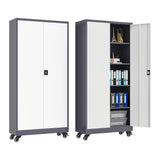 Metal Locking Storage Cabinet with Wheels, 2 Doors and 4 Adjustable Shelves, 73" Tall Rolling Garage Storage Cabinet with Lock for Home Office, Pantry, Tool Organizer (Gray White, 73"H -2 Door) heycode