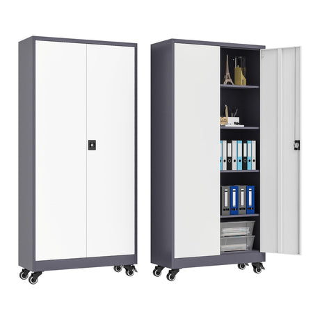 Metal Locking Storage Cabinet with Wheels, 2 Doors and 4 Adjustable Shelves, 73" Tall Rolling Garage Storage Cabinet with Lock for Home Office, Pantry, Tool Organizer (Gray White, 73"H -2 Door) heycode