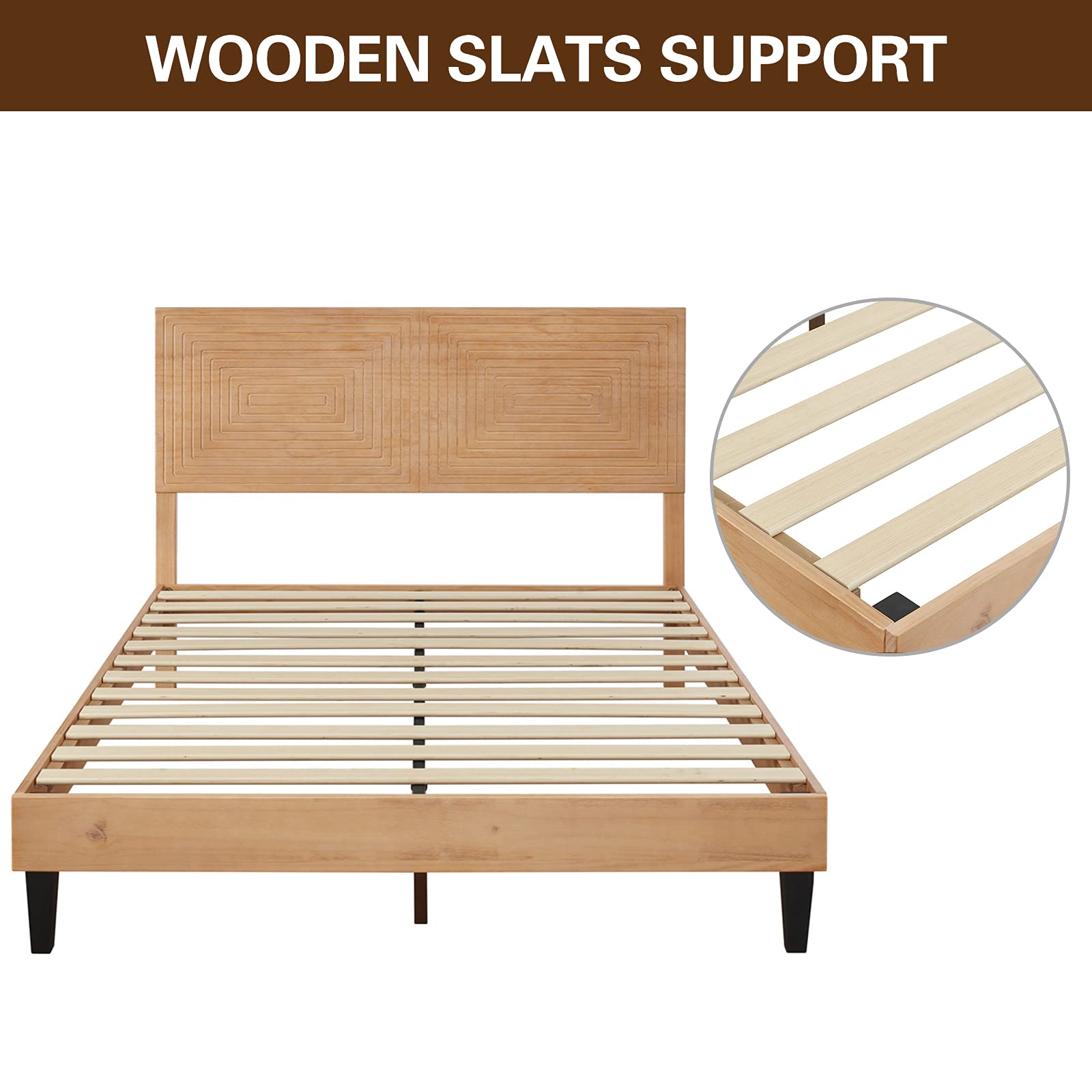 MUSEHOMEINC Mid Century Modern Solid Wood King Size Platform Bed with Adjustable Headboard - WoodArtSupply