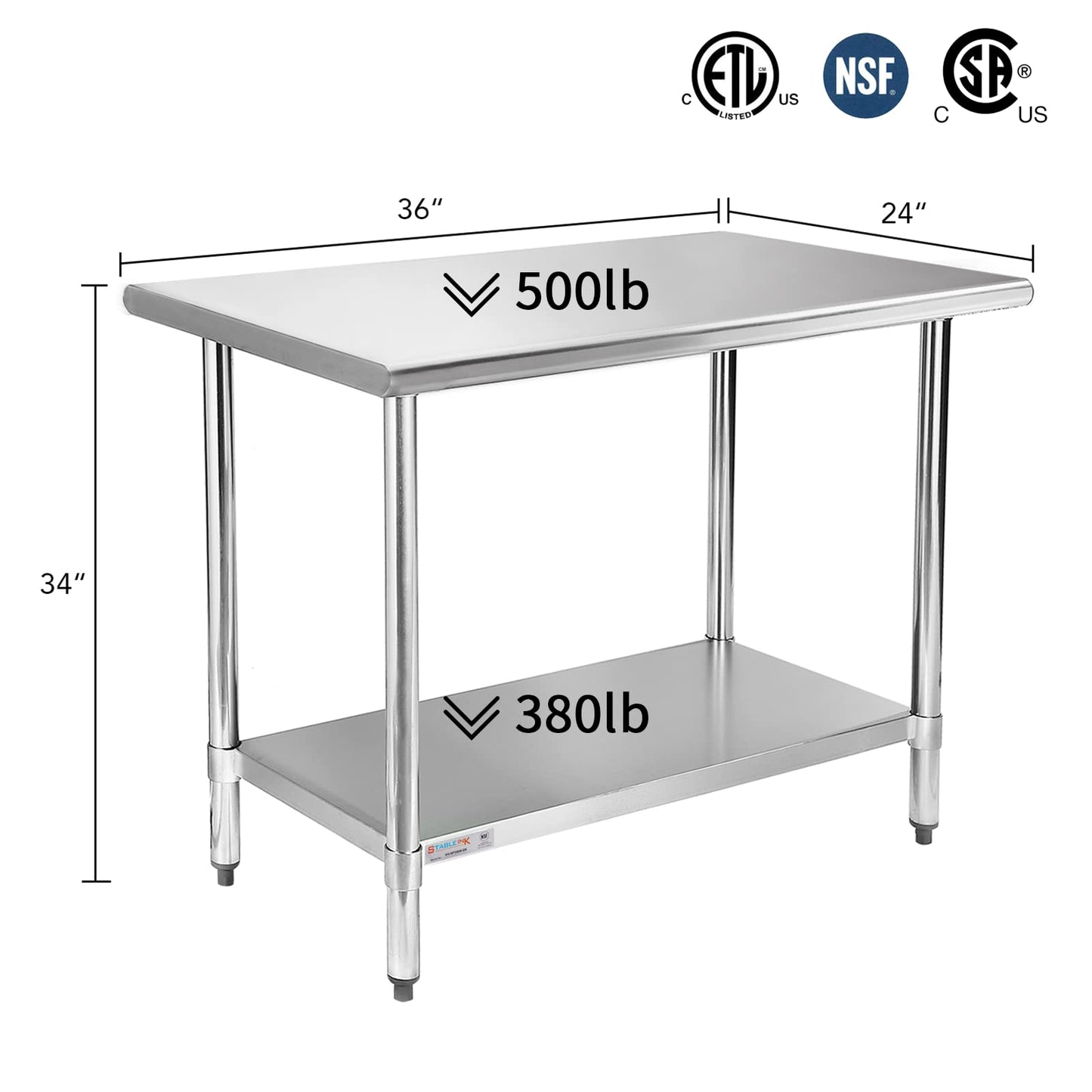 STABLEINK NSF Stainless Steel Table, 24 x 36 Inches Metal Prep & Work Table with Adjustable Undershelf, for Commercial Kitchen, Restaurant, Hotel and - WoodArtSupply