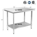 STABLEINK NSF Stainless Steel Table, 24 x 36 Inches Metal Prep & Work Table with Adjustable Undershelf, for Commercial Kitchen, Restaurant, Hotel and STABLEINK
