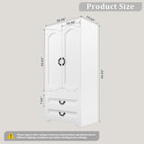 Janmer Home Armoire Wardrobe Closet with 2 Drawers, Tall Wooden Wardrobe Closet with 2 Doors and Hanging Rail, Free Standing White Armoire for Bedroom (Retro, White) Janmer Home