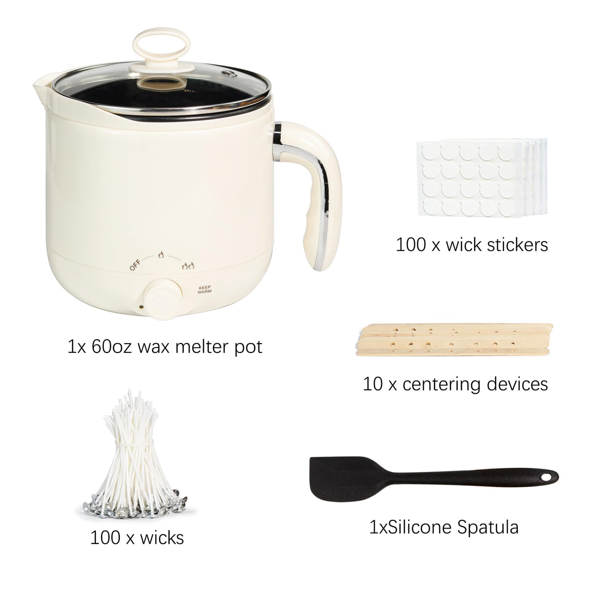 Aroparc Wax Melter for Candle Making Large 1.8L/60oz Electric Wax Melting Pot with Pouring Spout, Non-Stick Easy to Clean & Keep Warm - Wicks, Wick Stickers, Centering Tools, Spoon Aroparc