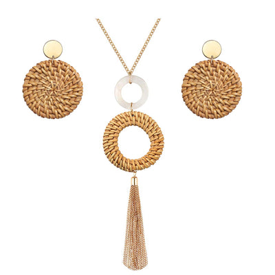 Long Necklace and Rattan Earrings Set for Women Handmade Long Tassel Rattan Necklace Wicker Earring Lightweight Weave Statement Jewelry (Brown)