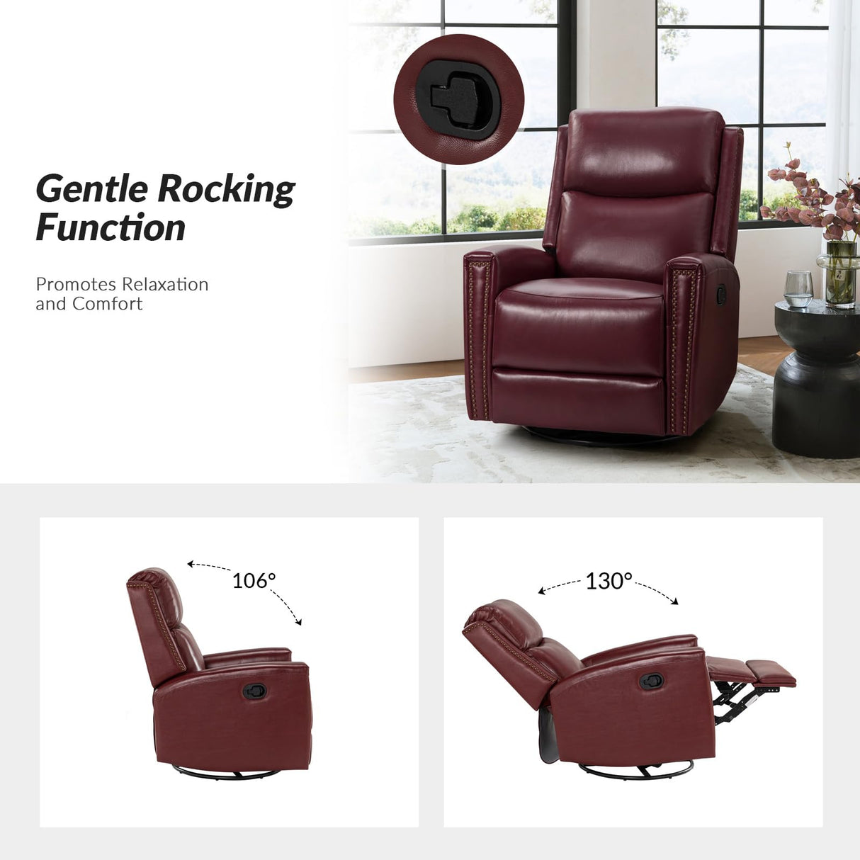 HULALA HOME Genuine Leather Swivel Rocker Recliner, Manual Glider Recliner Chair with Footrest & Adjustable Backrest, Modern Home Theater Lounge Sofa Armchair for Bedroom Living Room, Burgundy HULALA HOME