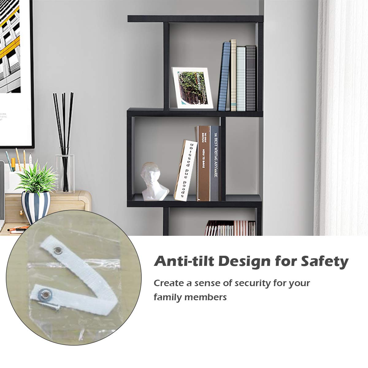 Giantex Modern S-Shaped 4-Tier Bookshelf - Stylish Free-Standing Storage Rack in Black Giantex