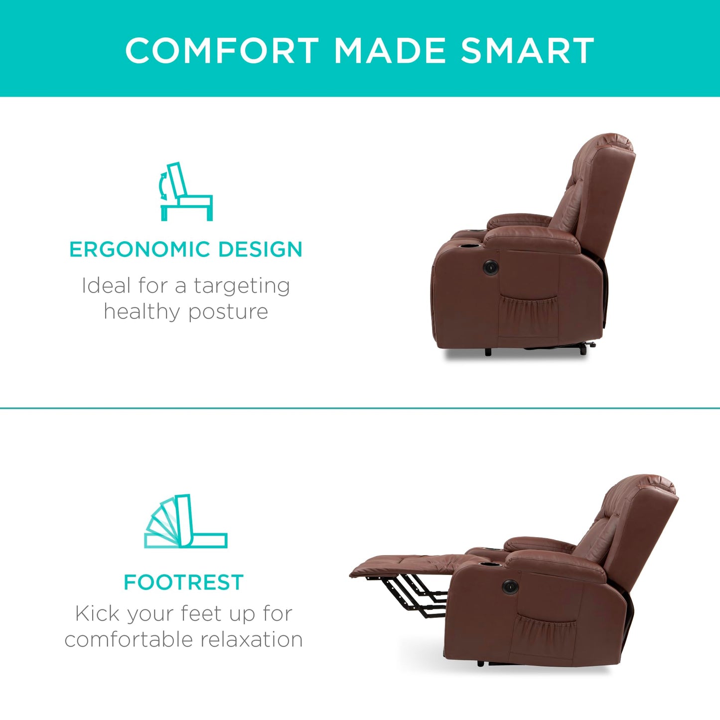 Best Choice Products PU Leather Electric Power Lift Chair, Recliner Massage Chair, Adjustable Furniture for Back, Legs w/ 3 Positions, USB Port, Heat, Cupholders, Easy-to-Reach Side Button - Brown