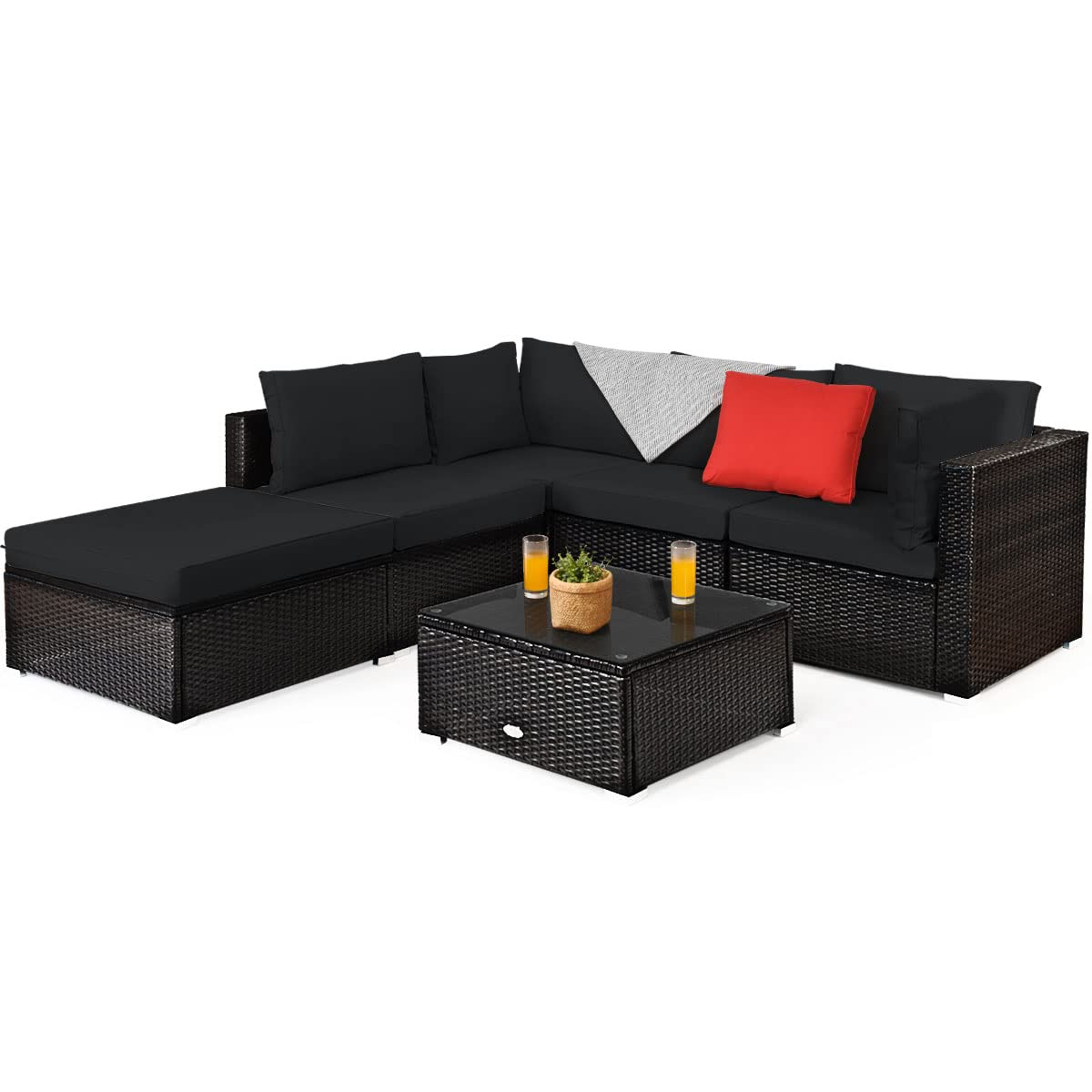 Tangkula 6 Piece Patio Furniture Set, Outdoor Deck Lawn Backyard Durable Steel Frame PE Rattan Wicker Sectional Sofa Set, Conversation Set with Coffee Table (Black) Tangkula