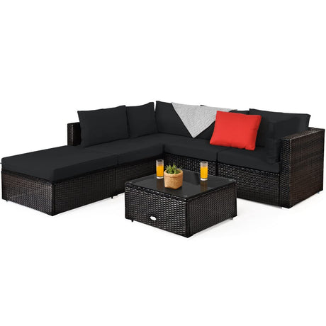 Tangkula 6 Piece Patio Furniture Set, Outdoor Deck Lawn Backyard Durable Steel Frame PE Rattan Wicker Sectional Sofa Set, Conversation Set with Coffee Table (Black) Tangkula