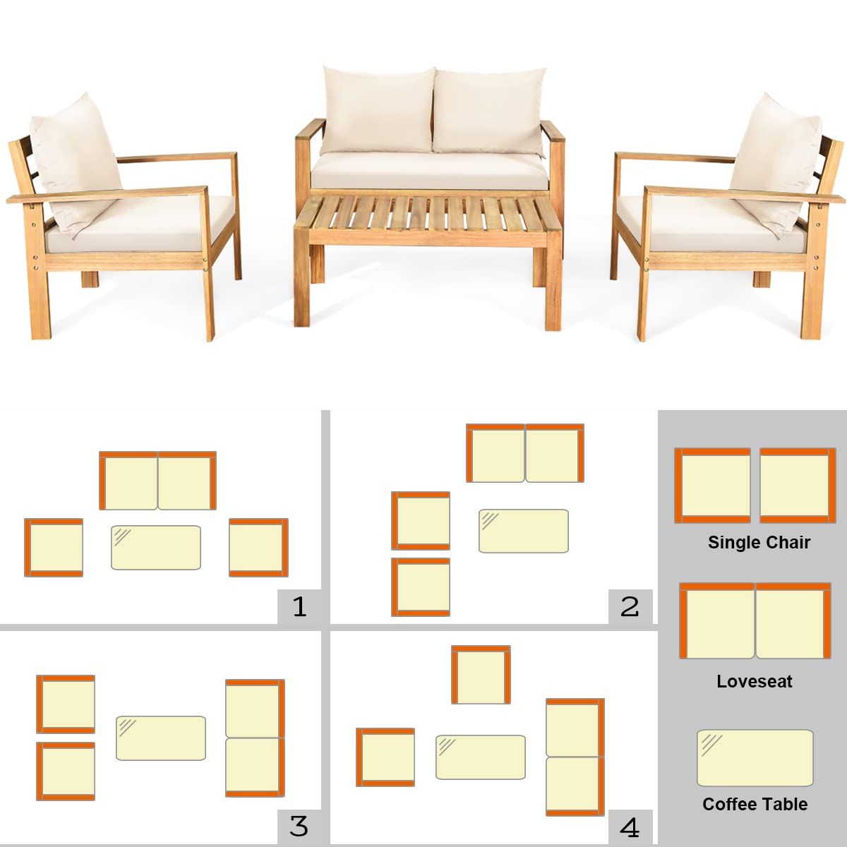 COSTWAY 4 Pieces Outdoor Acacia Wood Sofa Set, Outdoor Conversation Sofa Set with Table & Cushions Porch Chairs for Garden, Patio, Deck