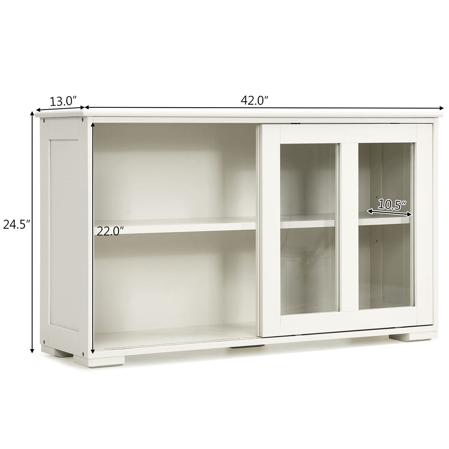 Costzon Cream White Sideboard Cabinet, 42"L x 13"W x 24.5"H, With Sliding Door Window, Wooden Cupboard Server Buffet Console Table for Home Dining Room Entryway