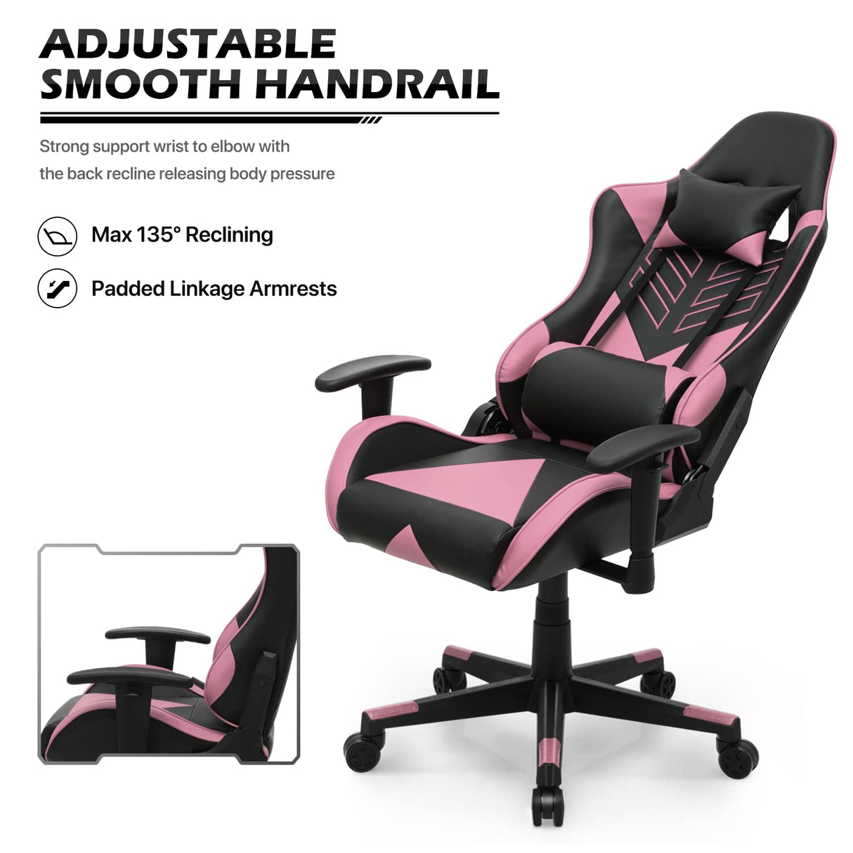 MoNiBloom Computer Chair Gaming High Back Office Gaming Chair with Headrest and Lumbar Support, PU Leather Ergonomic Racing Chair with Adjustable Height and Reclining Function for Teen Adult, Pink MoNiBloom