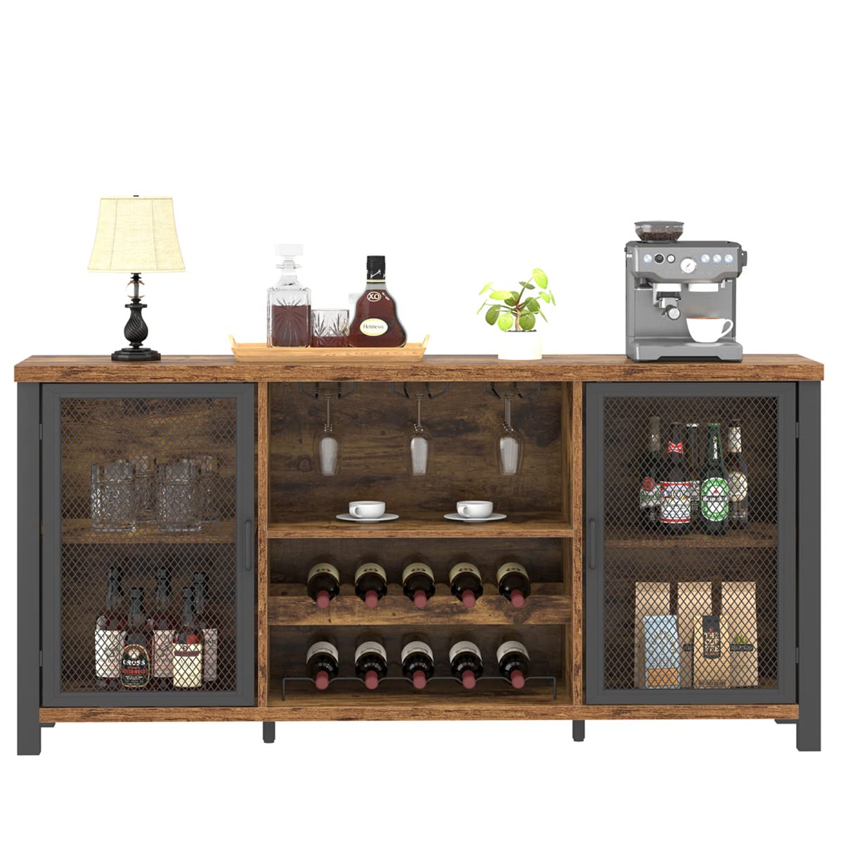 Launica Industrial Coffee Bar Cabinet, Wine Bar Cabinet for Liquor and Glasses, Liquor Cabinet with wine Rack Storage, Wood Metal Sideboard Buffet Cabinet for Home Kitchen Dining, Rustic Brown 55 Inch Launica