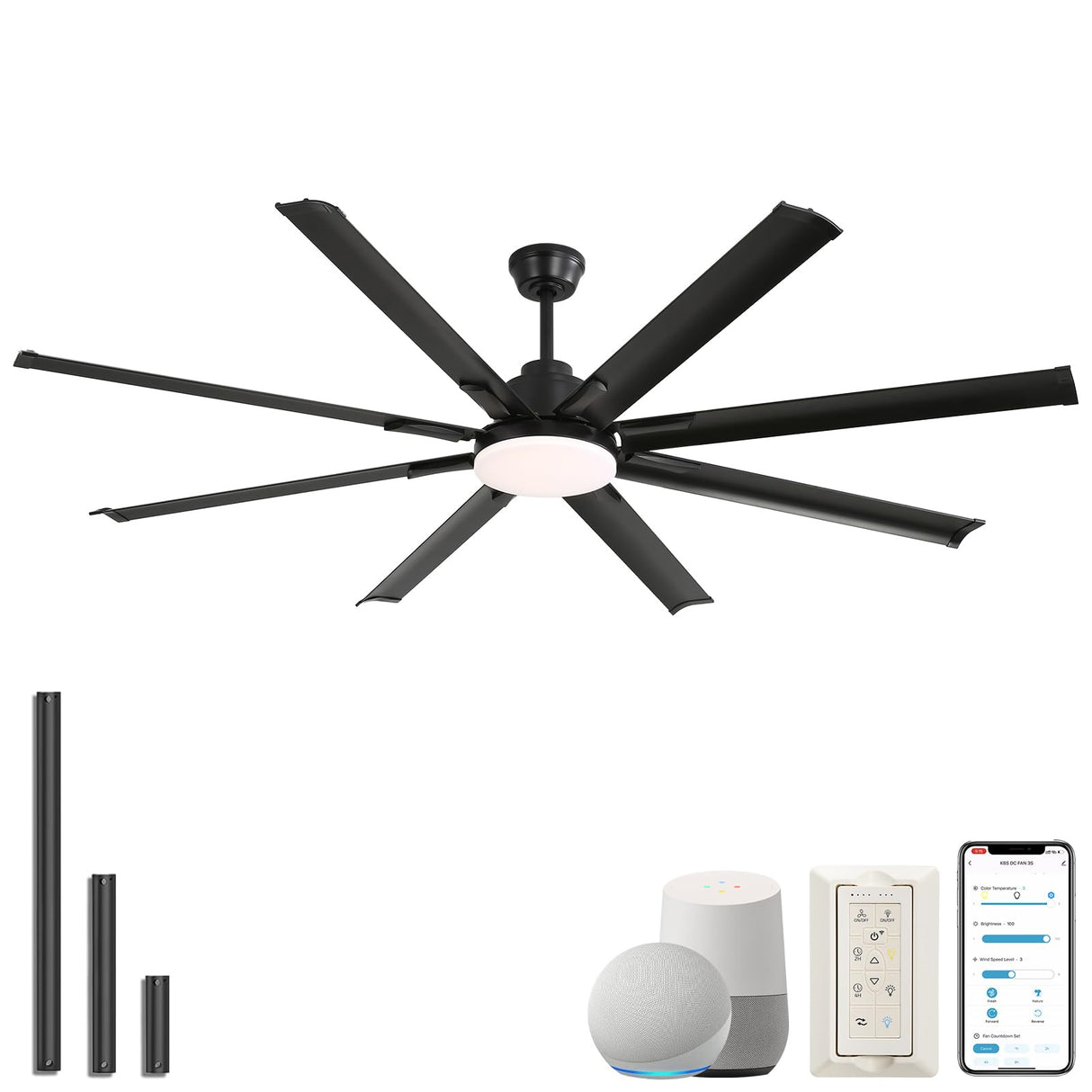 Sofucor 84 Inch Smart Ceiling Fan with Light, Large Industrial Outdoor Ceiling Fan with 8 Black Aluminum Blades, Works with App/Alexa/Google, 6-Speed Dimmable Reversible DC Motor for Living Room Patio Sofucor