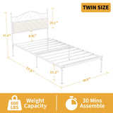 Elephance Twin Bed Frame with Upholstered Headboard Metal Platform Bed with 11.2 Inchs Storage Space Button Tufted No Box Spring Needed Easy Assembly,White Elephance
