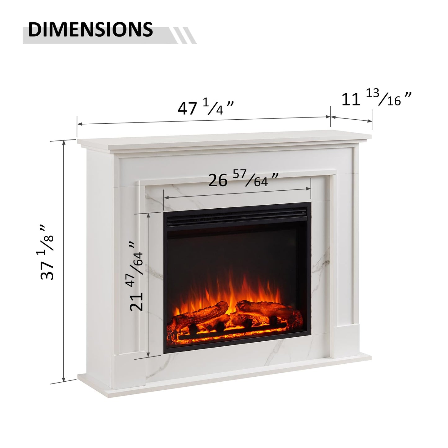 LegendFlame Fireplace Suite Cathrine, 47 Inch Mantel Surround, Cream White with Snow White Marble Finish, with 26 Inch Electric Fireplace Insert, 750W/1500W Heater, Weekly Timer, Remote Control