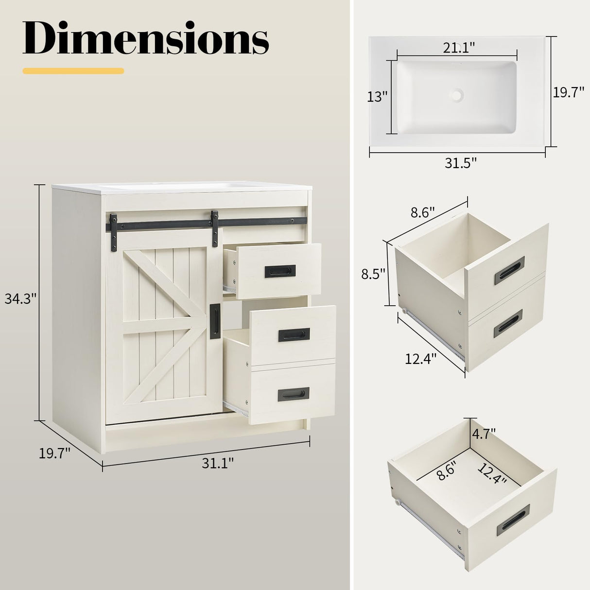 LUXOAK 31" Farmhouse Sliding Barn Door Bathroom Vanity with Sink Combo, Bathroom Vanity Cabinet with Drawers & Metal Handles, Freestanding, Distressed White LUXOAK