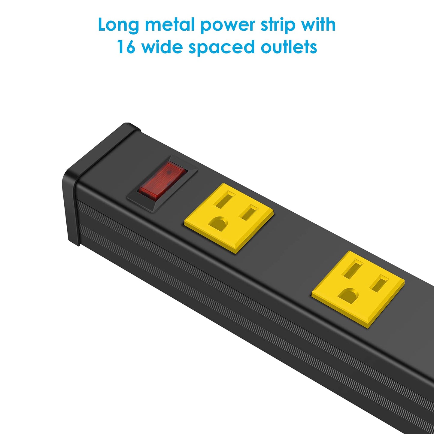 JUNNUJ Long Metal 16 Outlet Power Strip, Wide Spaced Garage Industrial Power Strip, Heavy Duty Power Strip with 6 FT Cord 15A, 125V, 1875W. Yellow - WoodArtSupply