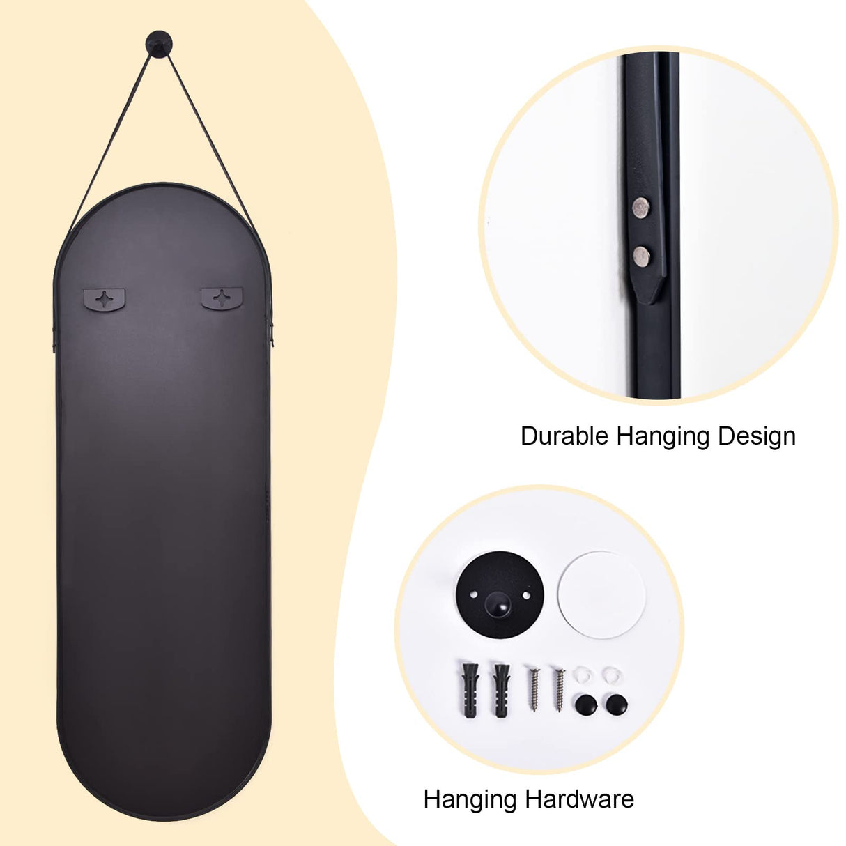 HARRITPURE 16"x48" Oval Hanging Mirror with Leather Strap Full Length Mirror Aluminum Frame Wall-Mounted Hanging Mirrors for Bathroom Vanity Living Room Bedroom Entryway Decor HARRITPURE