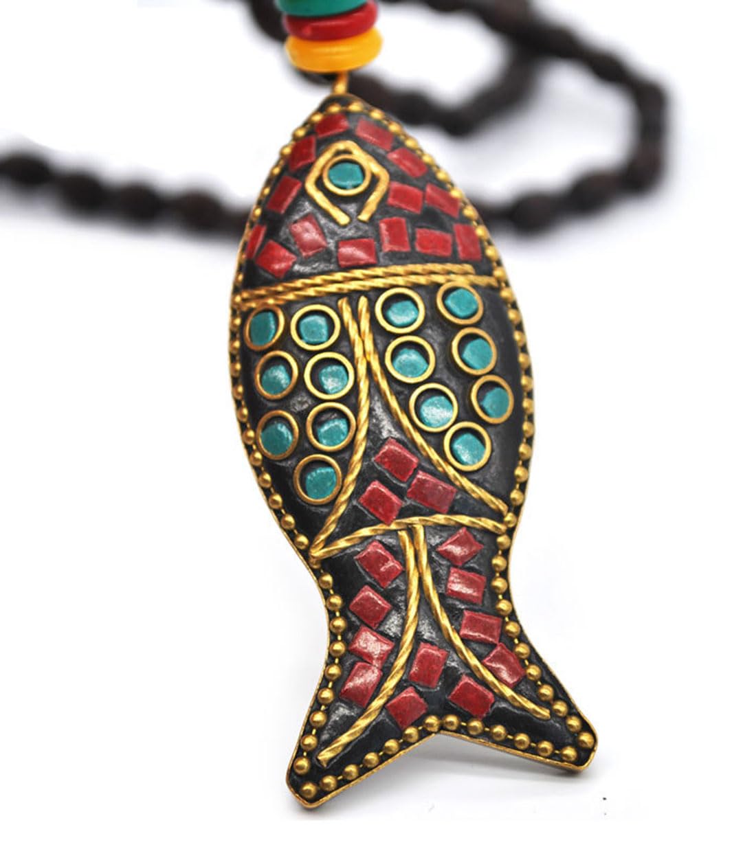 Fish Long Necklace Handmade Turquoise Wood Beads Necklace for Women Fashion Jewelry (Fish pendant) Tanyoyo